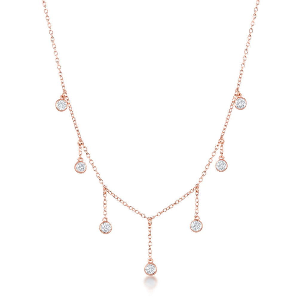 Sterling Silver Dangling Bezel-Set CZ's Necklace - Rose Gold Plated
