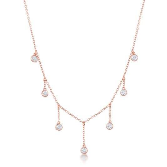 Sterling Silver Dangling Bezel-Set CZ's Necklace - Rose Gold Plated