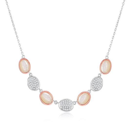 Sterling Silver Two-Tone Alternating Oval Micro Pave and Mother of Pearl Necklace