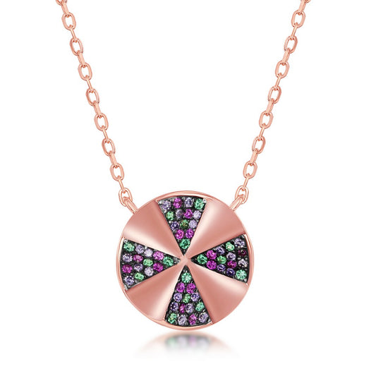 Sterling Silver Rainbow CZ Designed Disc Necklace - Rose Gold Plated