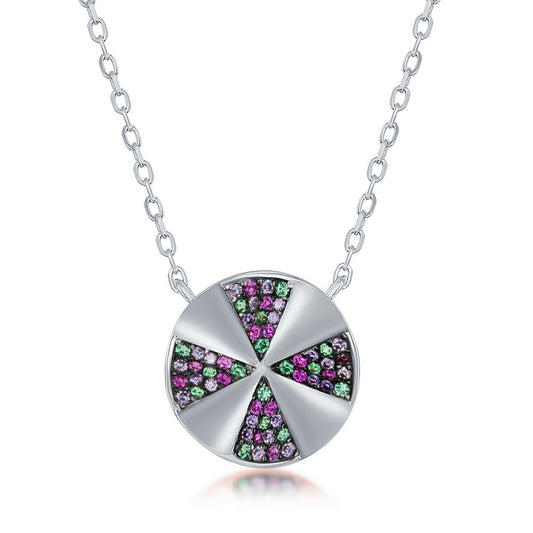 Sterling Silver Rainbow CZ Designed Disc Necklace
