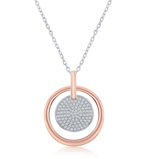 Sterling Silver Two-Tone Micro Pave Disc Rose Gold Plated Open Circle Necklace