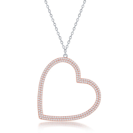 Sterling Silver Rose Gold Plated Large Micro Pave Open Heart Necklace