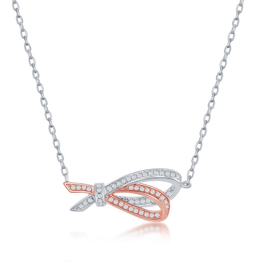 Sterling Silver Rose Gold Plated Micro Pave Double Ribbon Necklace