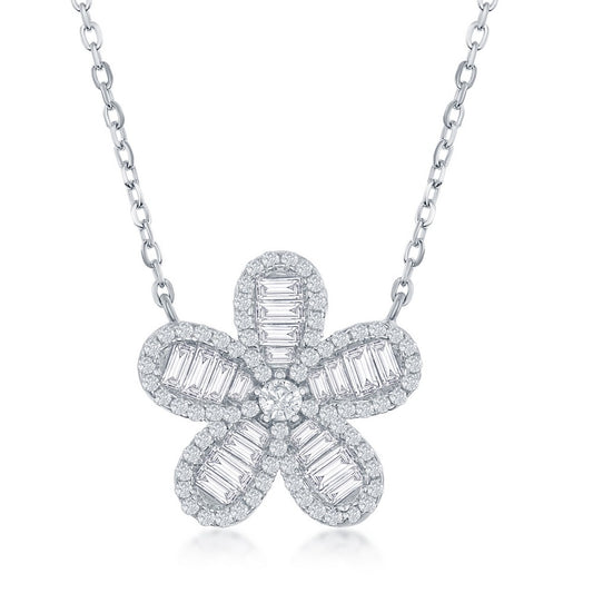 Sterling Silver Baguette CZ Flower Necklace