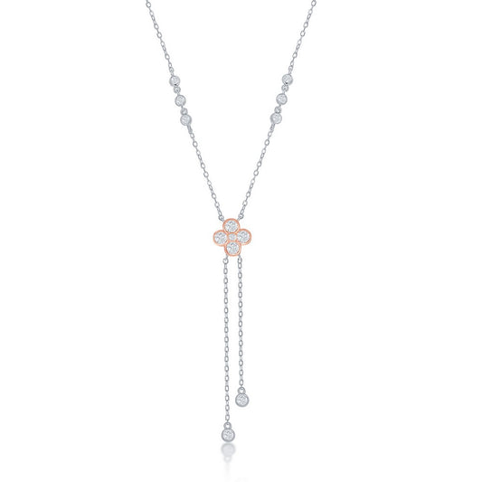 Sterling Silver Two-Tone Rose Gold Plated CZ Flower with Bezel-Set CZ Lariat Necklace