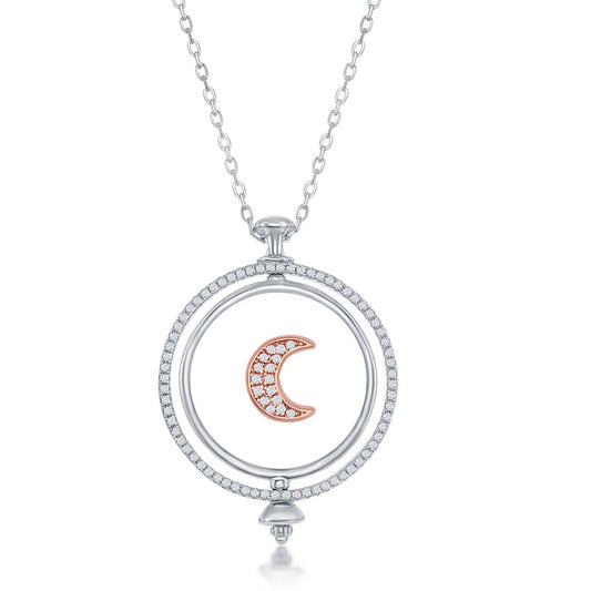 Sterling Silver Two-Tone Spinning Disc Crescent Moon With  CZ By The Yard Necklace