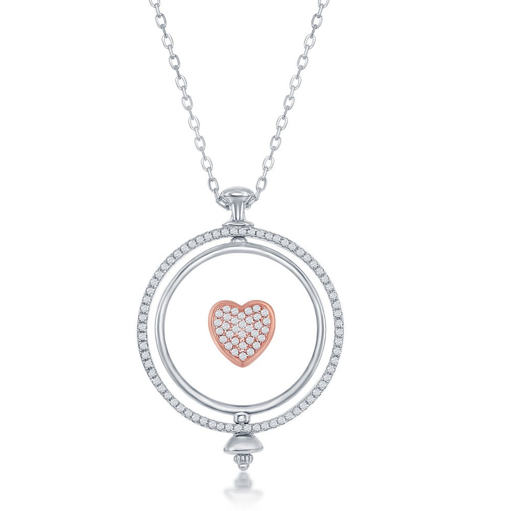 Sterling Silver Two-Tone Spinning Disc Micro Pave Heart With  CZ By The Yard Necklace