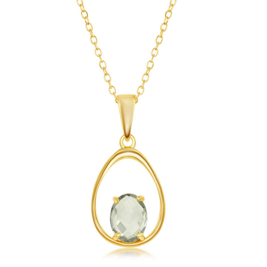 Sterling Silver, Pear-Shaped, Four-Prong Green Amethyst Necklace - Gold Plated