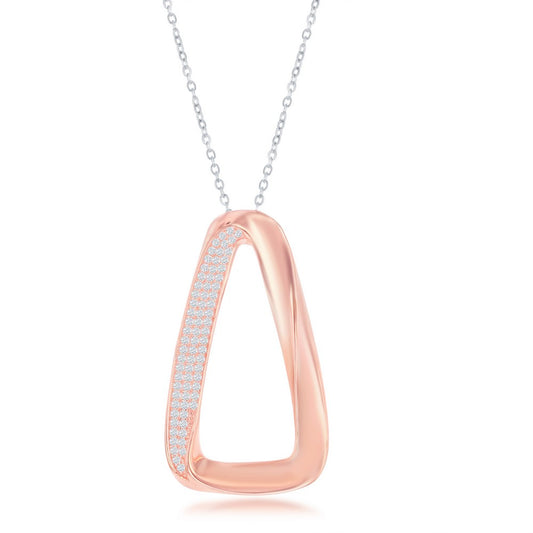 Sterling Silver Rose Gold Plated Half Micro Pave Twisted Triangle Design Necklace