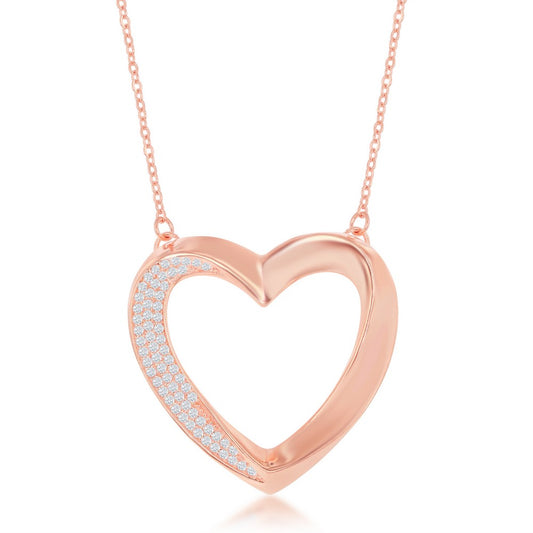 Sterling Silver Half Micro Pave Twisted Open Heart Necklace -  Rose Gold Plated
