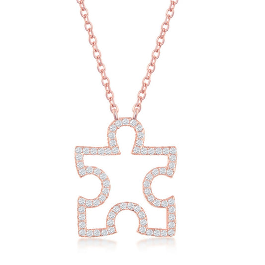 Sterling Silver Cubic Zirocnia Open Puzzle Piece Necklace -  Rose Gold Plated