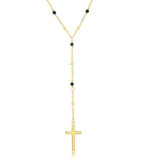 Sterling Silver Onyx & Plain Beads by the Yard Cross Rosary Necklace - Gold Plated