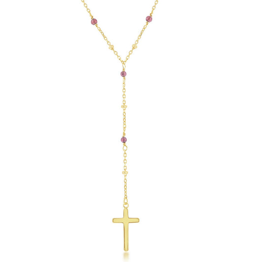 Sterling Silver Garnet & Plain Beads by the Yard Cross Rosary Necklace -Gold Plated