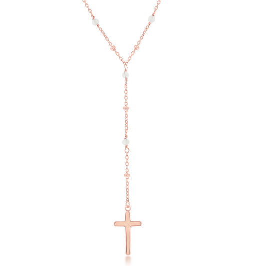 Sterling Silver Rose Quartz & Plain Beads by the Yard Cross Rosary Necklace - Rose Gold Plated