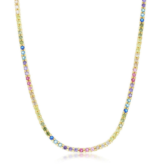 Sterling Silver 3mm Rainbow CZ Necklace - Gold Plated