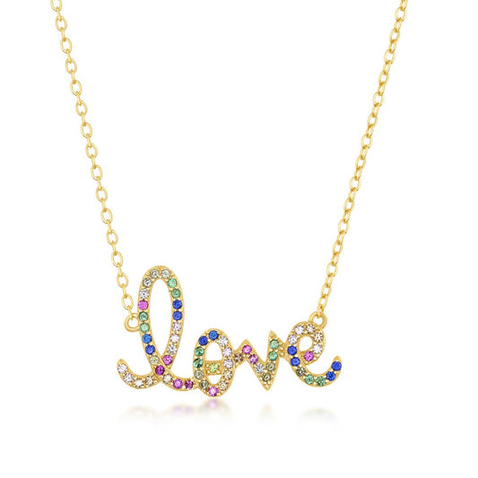 Sterling Silver Rainbow CZ Love Necklace - Gold Plated