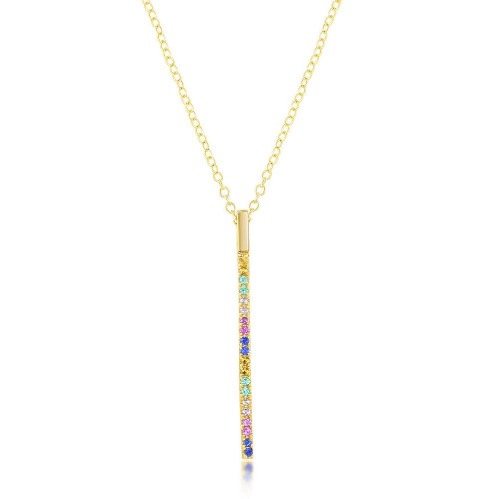 Sterling Silver Rainbow CZ Vertical Bar Necklace - Gold Plated