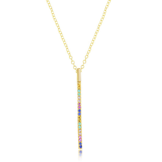 Sterling Silver Rainbow CZ Vertical Bar Necklace - Gold Plated