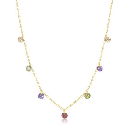 Sterling Silver Dangling Rainbow CZ Necklace - Gold Plated