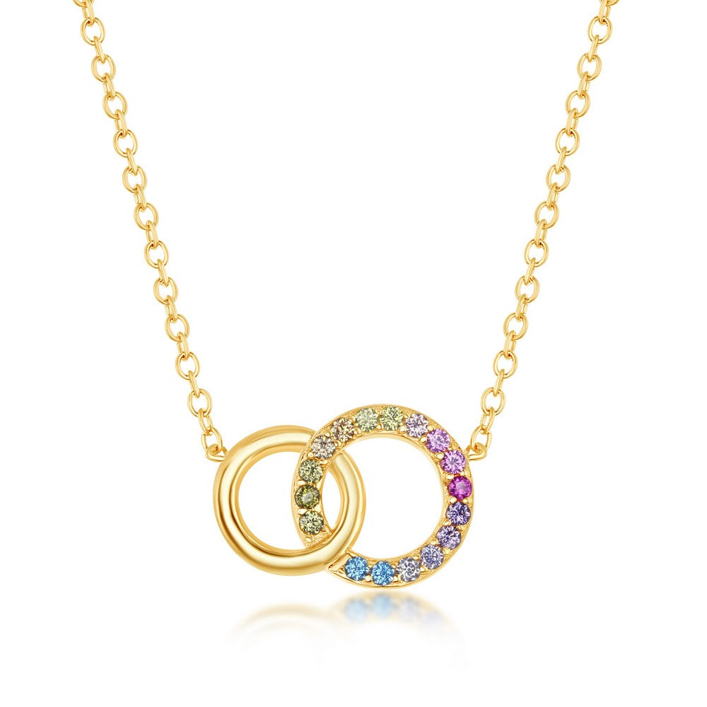 Sterling Silver Rainbow CZ Double Linked Circle Necklace - Gold Plated