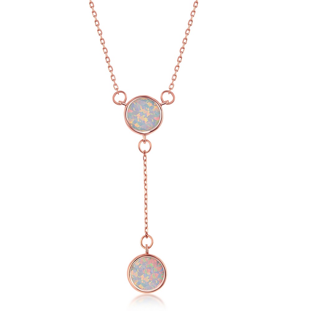 Sterling Silver White Inlay Opal Double Disc Lariat Necklace -  Rose Gold Plated