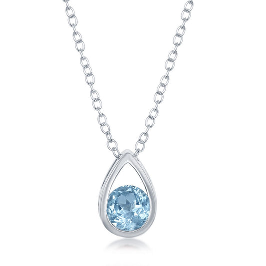 Sterling Silver Pearshaped Necklace With Round Gem - Blue Topaz