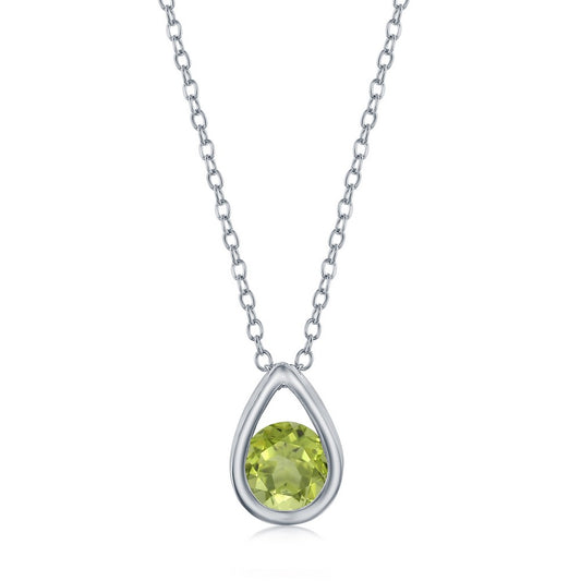 Sterling Silver Pearshaped Necklace With Round August Birthstone Gem- Peridot