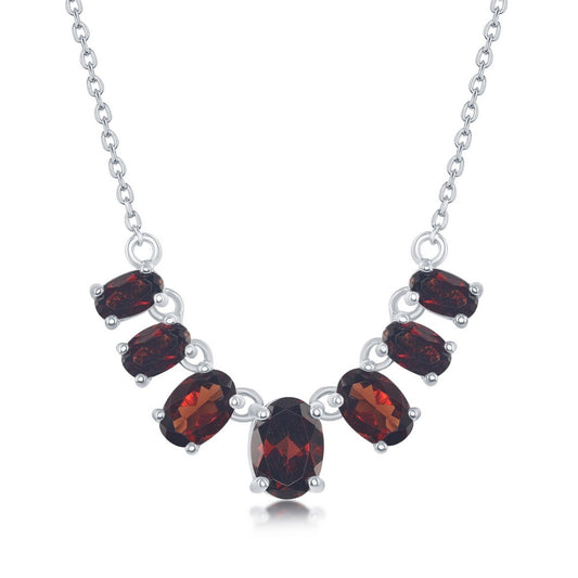 Sterling Silver Graduating Oval Gemstone Necklace - Garnet