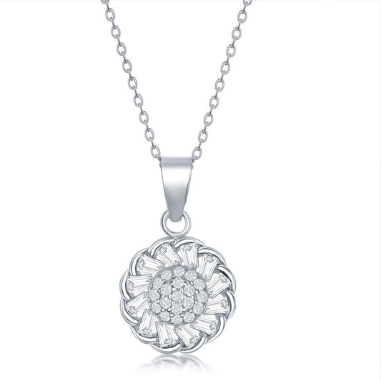 Sterling Silver Micro Pave Center & Baguette CZ Border Flower Design Necklace