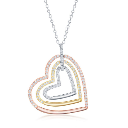 Sterling Silver Triple Open CZ Heart Neckalce - Tri Color