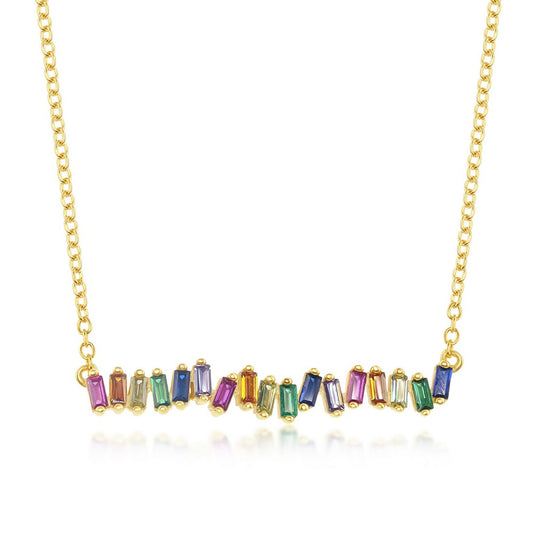 Sterling Silver Rainbow Baguette CZ Bar Necklace - Gold Plated