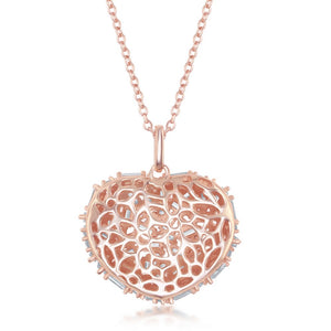 Sterling Silver Rose Gold White Baguette CZ Puffed Heart Necklace