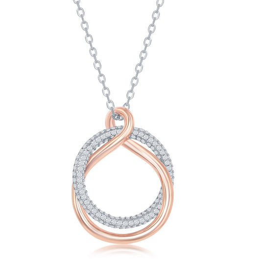 Sterling Silver Micro Pave Circle and Rose Gold High Polish Twist Necklace