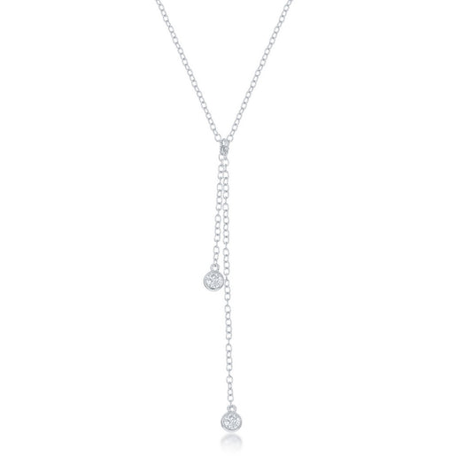 Sterling Silver Double Bezel-Set CZ Dangling Lariat Necklace