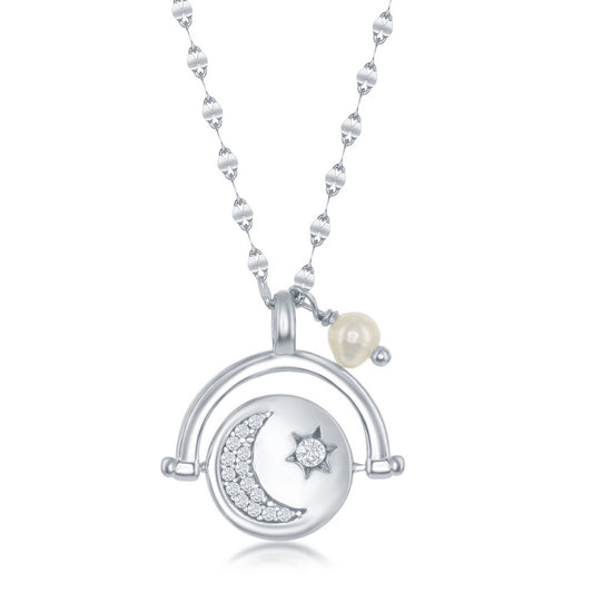 Sterling Silver Moon and Stars CZ Spinning Disc with FWP Flat Mirror Chain Necklace