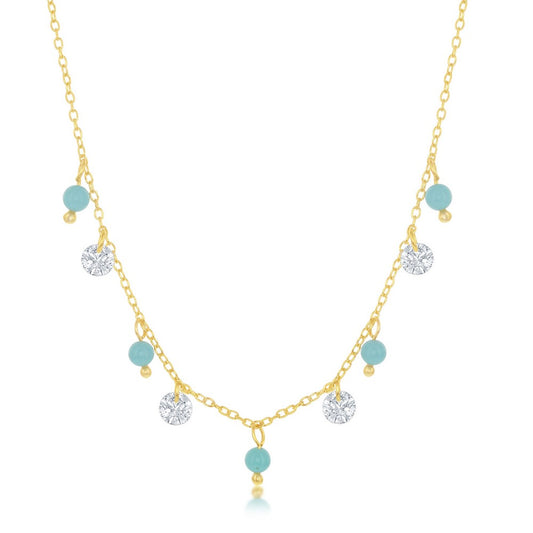 Sterling Silver Alternating Created Turquoise and CZ Necklace - Gold Plated