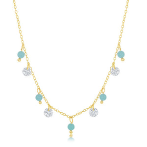 Sterling Silver Alternating Created Turquoise and CZ Necklace - Gold Plated