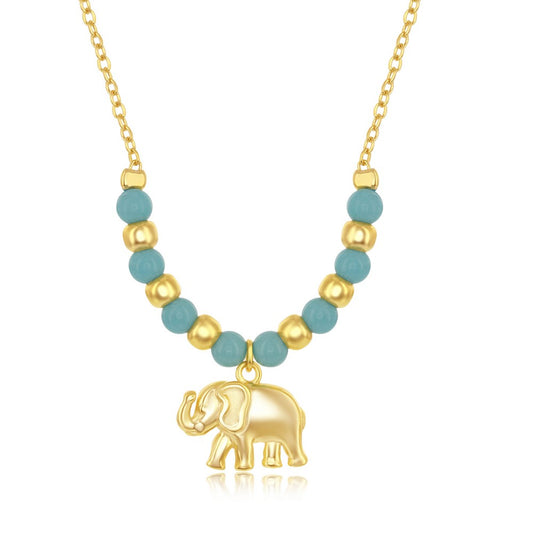 Sterling Silver Alternating Created Turquoise & Bead Elephant Charm Necklace - Gold Plated