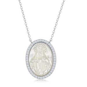Sterling Silver Mother of Pearl Virgin Mary with CZ Border Necklace