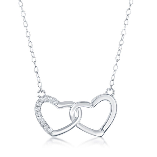 Sterling Silver Interlocking Half CZ Heart Station Bezel-Set CZ's Necklace