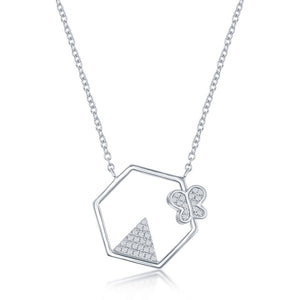 Sterling Silver CZ Triangle and Butterfly Hexagon Shaped Necklace