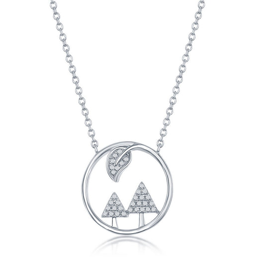 Sterling Silver CZ Trees & Leaf Round Necklace