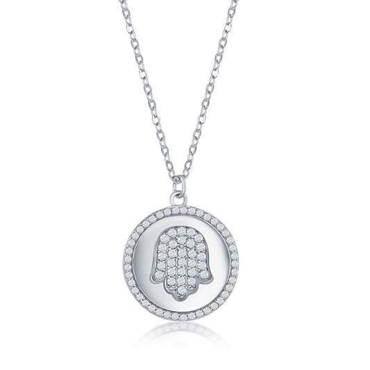 Sterlilng Silver Micro Pave CZ Disc Necklace - Hamsa