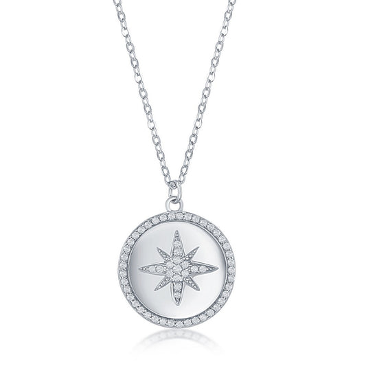 Sterlilng Silver Micro Pave CZ Disc Necklace - North Star