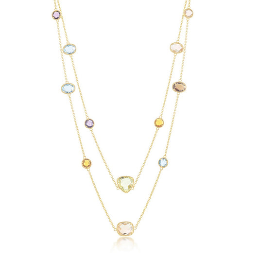 Sterling Silver Multi-Shaped Multi-Color CZ Long Necklace - Gold Plated