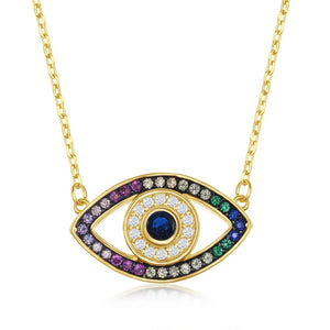 Sterling Silver Rainbow CZ Evil Eye Necklace - Gold Plated