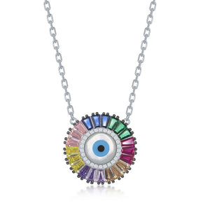 Sterling Silver Rainbow Baguette CZ Evil Eye Disc Necklace