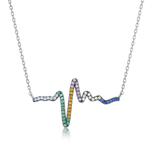 Sterling Silver Rainbow CZ Heartbeat Necklace