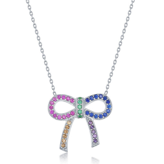 Sterling Silver Rainbow CZ Bow knot Necklace